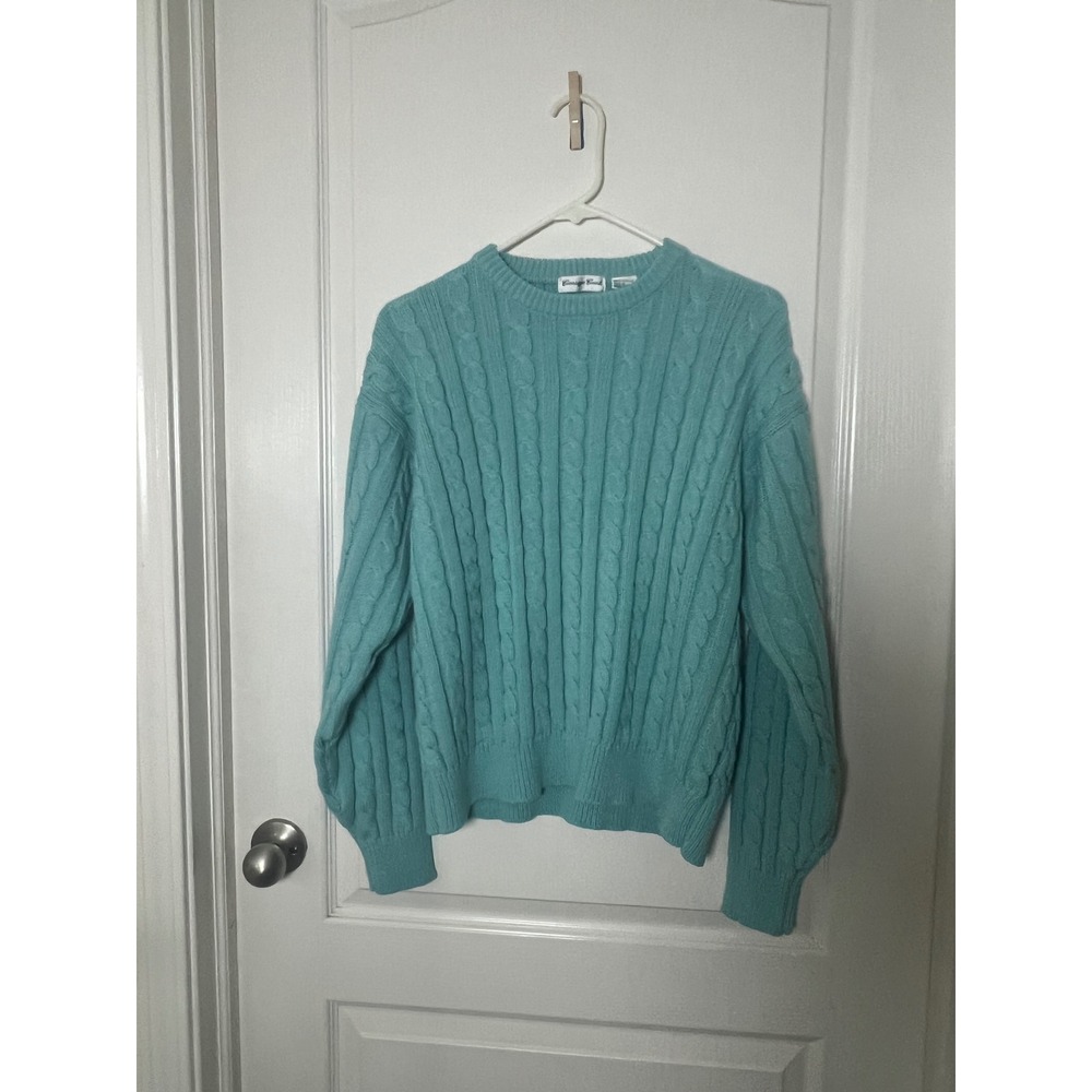 Carriage Court Vintage Cable Knit Sweater Aqua Blue Turquoise Crew Neck Large